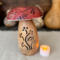 Decorative mushroom made from dried gourds. A berry color top has dragonfly artwork. The bottom as a carved vine that lights with a candle. 